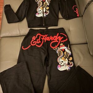 Ed Hardy Black Joggers with Red and Multicolor Design